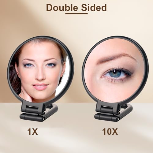 BOOMIBOO 1X/10X Magnifying Handheld Mirror Double Sided, Foldable Travel Makeup Mirror, Adjustable Rotation Pedestal Hand/Hanging/Desk Vanity Mirror-Black - color: Black