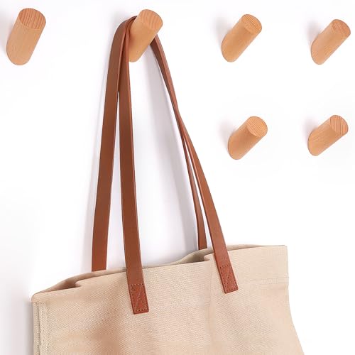 Felidio Wood Wall Hooks, 6 Pack Natural Wooden Coat Hooks Wall-Mounted, Rustic Heavy Duty Hook for Hanging Towels Coats Plants, Entryway Hat Hanger Wall Coat Rack (Beech Wood) - color: Beech Wood - 6 Pack