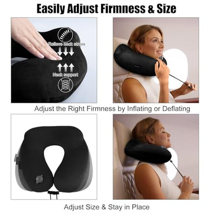 Inflatable Travel Neck Pillow for Airplanes, Super Soft Velvet Neck Support, Adjustable Firmness, Blow Up Plane Pillow for Long Flights, Road Trips, Travel Essentials with Eye Mask, Earplug - color: Black