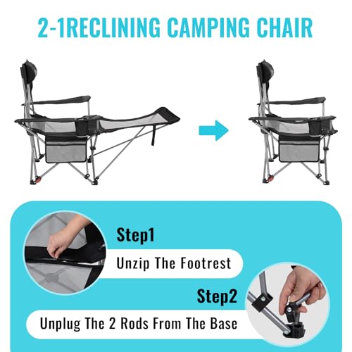 #WEJOY 2-in-1 Reclining Camping Chair with Footrest for Adults Folding Lounge Chair with Adjustable Backrest Lightweight Camping Chairs Heavy Duty Camp Chairs for Outdoor - color: 2 Pack Black Grey