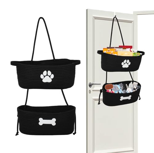 2-Tier Dog Baskets,Over Door Hanging Oganizer for Pet Stuff with Metal Hooks,Cotton Rope Wall-Mounted Storage Organizer for Dog Leash/Harness/Small Toys/Trash bag - Black - color: Black