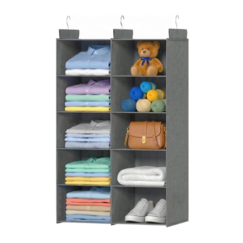 ALLTIDYUP Grey 5-Tier Hanging Closet Storage Organizer - Space-Saving Dual-Row Foldable Shelves with 3 Hooks, Wardrobe Organizer for Dorm, Bedroom, Clothes and Accessories - color: Grey, size: 5 Tier