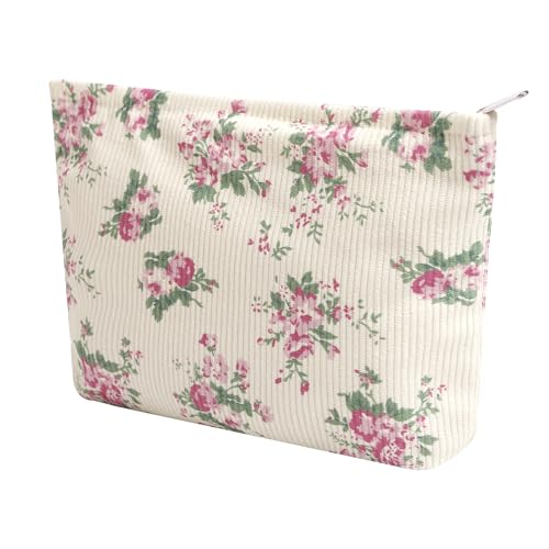 Cosmetic Bags for Women - Corduroy Cosmetic Bag Aesthetic Women Handbags Purses Smile Dots Makeup Organizer Storage Makeup Bag Girls Case Bags (Flowers-Pink) - color: Flowers-Pink