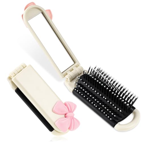 Folding Travel Hair Brush with Removable Mirror, Collapsible Compact Design, Massage Comb for Gym, Trips, Purse, Swimming (Cream Colour) - color: cream