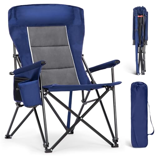 ALPHA CAMP Oversized Folding Camping Chairs High Backrest Heavy Duty Lawn Chairs for Adults Support 500 LBS Portable Camp Chairs with Cup Holders Large Side Pocket for Outdoor - color: Navy Blue