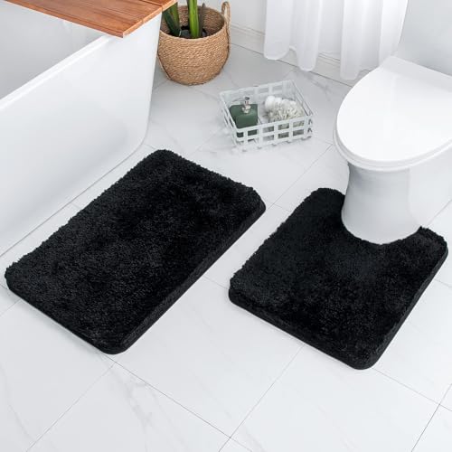 MIULEE Black Bathroom Rugs Set 2 Piece, Soft Absorbent Microfiber Bath Mat and U-Shaped Contour Toilet Rug, Non Slip Quick Dry Washable Plush Shaggy Bath Rugs for Bathroom，20"x24"+16"x24" - color: Black, size: U 20''x24'' + 16''x24''