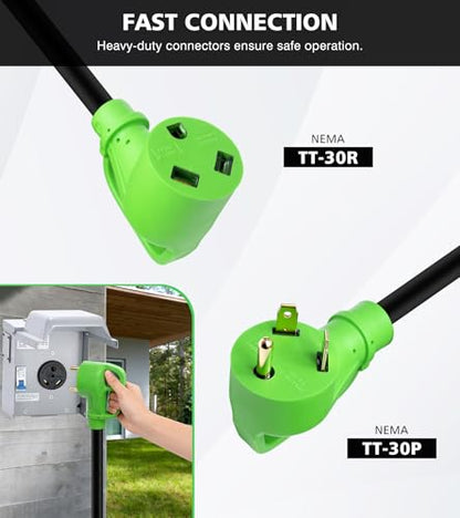 30 Amp RV Extension Cord 15 FT, NEMA TT-30P/R Plug with Grip Handle, 3750W Heavy Duty 3x10 Gauge Power Cord for RVs/Campers/Travel Trailers
