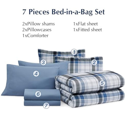 MaiRêve Full Size Plaid Comforter Set Lake Blue, Classic 7 Pieces Farmhouse Bedding Set, All Season Lightweight Bed in A Bag with Sheets, Pillowcases & Shams - color: Lake Blue, size: Full