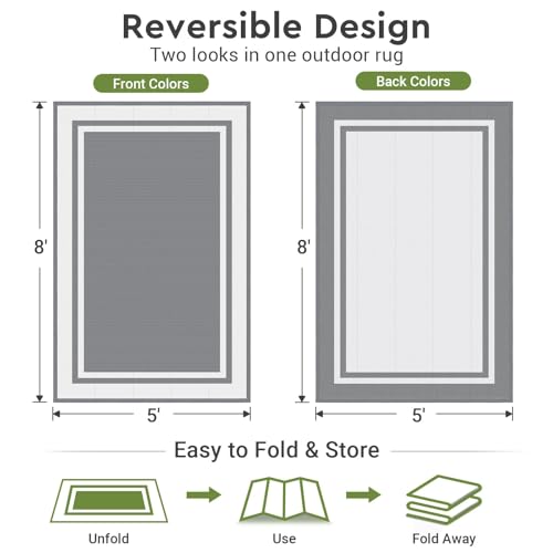 Mattitude Outdoor Rug Reversible Portable Plastic Straw Camping Rugs for Outside RV,Large Waterproof Outdoor Area Rugs for Patio,Deck,Porch,Balcony(5'x 8',White&Gray) - size: 5' x 8' (Rectangular)