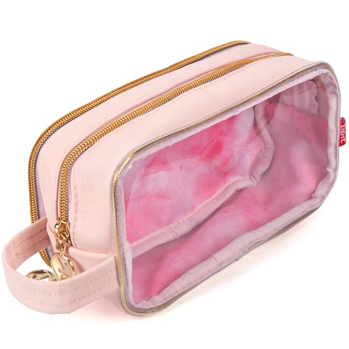 ZIPIT: Travel Makeup Bag - Soft Shell, Large Zipper Cosmetic Case, 3 Compartments, Toiletry Storage Organizer, Clear Window, Brush Slots - color: Pink