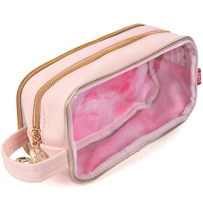 ZIPIT: Travel Makeup Bag - Soft Shell, Large Zipper Cosmetic Case, 3 Compartments, Toiletry Storage Organizer, Clear Window, Brush Slots - color: Pink