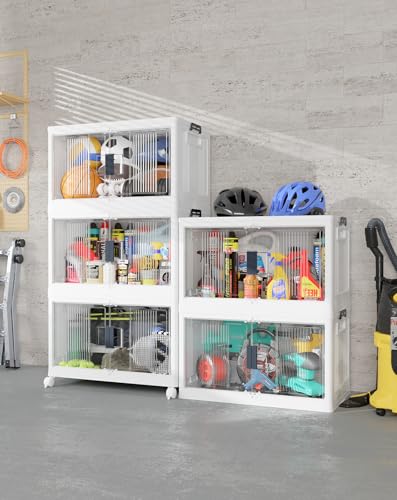 OlarHike 97QT Stackable Storage Bins with Lids - Folding Storage Box with Doors & Wheels, Collapsible Plastic Drawers for Closets and Organization, Garage, College, School, Shelves, Dorm, 5 Pack Cubes - size: 97QT-White, style: 5Pack