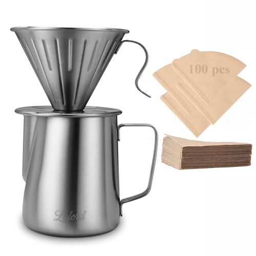 Lalord Pour Over Coffee Maker, 304 Stainless Steel wIth 100 pcs Paper Filters & 600ml Milk Frothing Pitcher, for Home & Camping - size: 600 ml