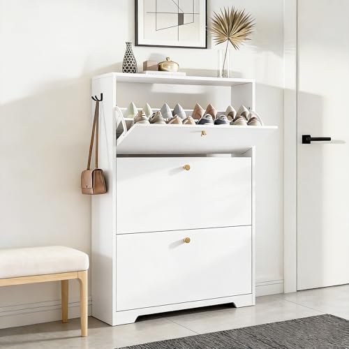 Nicetree Shoe Cabinet with 3 Flip Drawers, Narrow Shoe Organizer Cabinet, Freestanding Shoe Rack Cabinet, Modern Shoe Storage Cabinet for Entryway, Hallway, Foyer, White with Hook - color: White, style: 3-Drawers with Hook