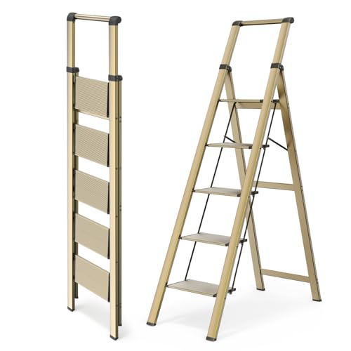WOA WOA 5 Step Ladder, Ladders for Home, Anti-Slip Pedals, Aluminum Step Stool Foldable, Lightweight to Move, Ease of Storage, Reach 10ft for Closet Kitchen Library, Hold 300lbs - Gold - color: Brown Gold, size: 5 Step