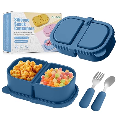 Silicone Snack Containers for Kids (8.5Oz, 2-Compartment)+ Kids Silicone Cutlery Set (Spoon and Fork) - BPA Free, Leak Proof, Great for Toddler/Kid/Adult Meal Prep Containers (blue) - color: Blue