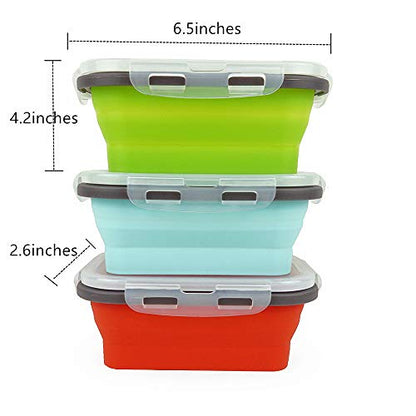 CARTINTS Set of 3 Collapsible Food Storage Containers Collapsible Silicone Bowls, Silicone Lunch Containers with Airtight Lids, Microwave and Freezer Safe, 500ml - color: blue+red+green