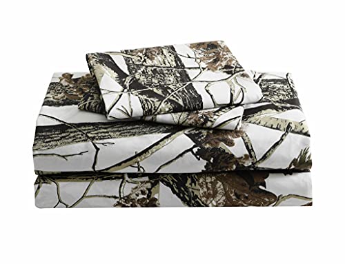 Chezmoi Collection Salem 4-Piece Cabin Lodge Forest Woods Sheet Set - Nature Camo Tree Leaves Printed Soft Microfiber Sheets - Full, White - color: White, size: Full
