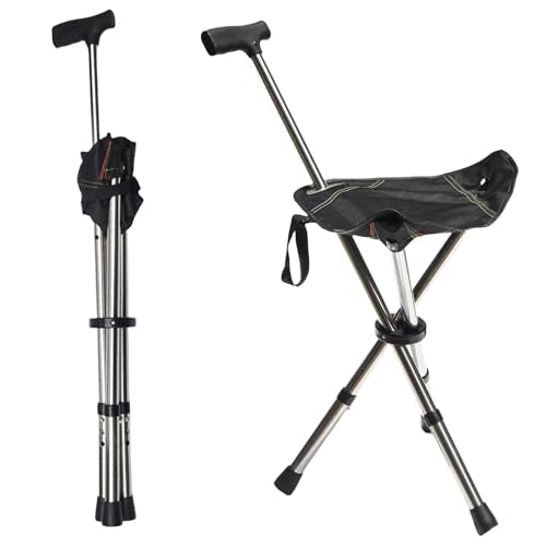 FATTCHIAR Cane with Seat, Cane Chair Capacity 330lbs, Adjustable Height Folding Lightweight Walking Stick with Seats, Portable Stool for Adults Seniors Hiking Camping