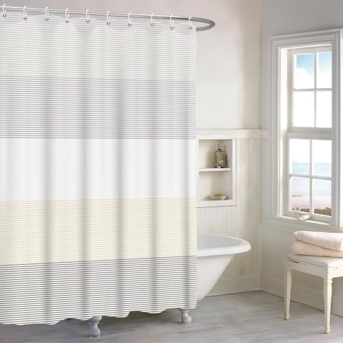 Boho Shower Curtain for Bathroom 54x78 inches White Grey Lines Waterproof Shower Curtain Set with Hooks Bohemian Stripe Fabric Stall RV Shower Curtains - color: Beige, size: 54"W x 78"L (Pack of 1)