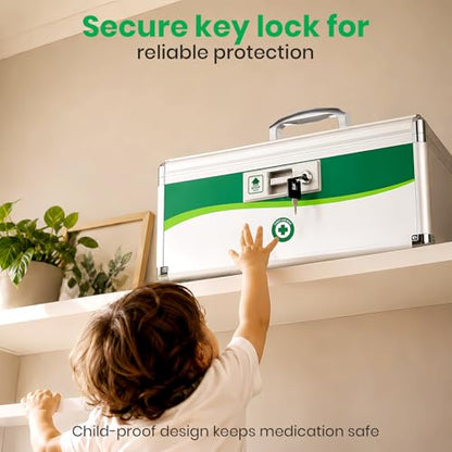 Medicine Lock Box with Keys, Small 14x8.5x7.5in, Aluminum Child-Safe Lock | Child-safe key lock, sturdy aluminum frame, anti-slip base, removable ABS tray, rust-proof handle, reinforced edges - size: Large-14inch