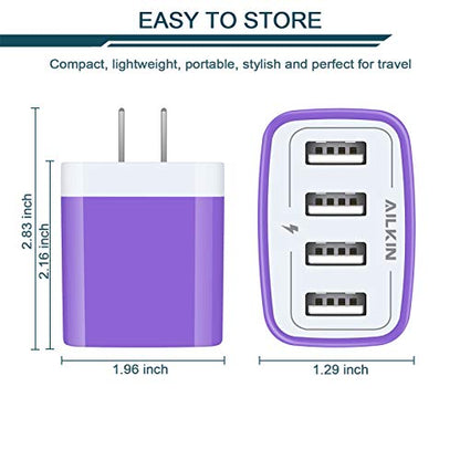 Wall Charger, USB Charger Adapter, 4.8A 4Multi Port Fast Charging Station Power Base Block Plug Cube Brick for iPhone, iPad, Samsung Galaxy, Moto, Google Pixel, Kindle Fire Plug Cargador Carro - color: Purple