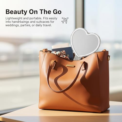 Rhinestone Handheld Mirror, Heart Shaped Hand Mirror Glitter Cosmetic Portable Cute Travel Makeup Lash for Women Wedding Silver White