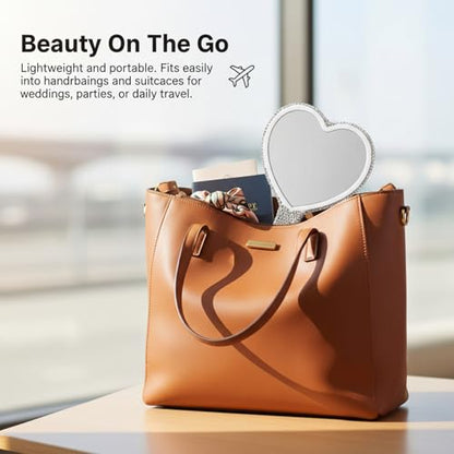 Rhinestone Handheld Mirror, Heart Shaped Hand Mirror Glitter Cosmetic Portable Cute Travel Makeup Lash for Women Wedding Silver White