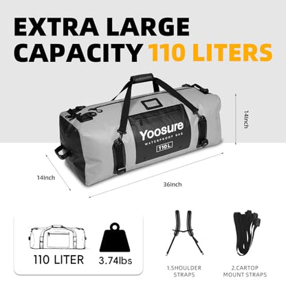 Waterproof Duffel Bag 110L- 700D PVC Dry Bag with Airtight Zipper, Large Dry Bag with Straps&Handles for Camping Boating Kayaking Rafting Canoeing Gym Beach Car Roof Storage (Grey) - color: Grey