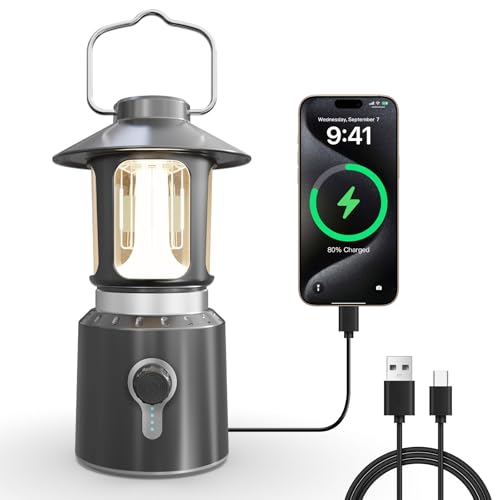 LED Camping Lantern, 8000mAh Telescopic Vintage Rechargeable Lantern, Dual Light Source & 3 Light Modes (2000K-6500K), 360° Lighting Emergency Lights for Camping, Home Power Outage, Hurricane, Hiking - color: Dark Gray
