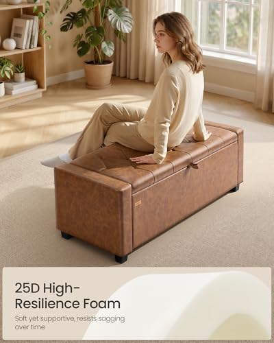 SONGMICS Storage Ottoman, Storage Chest Bench with Legs, End of Bed Bench with Safety Hinges, Pull Tab, for Living Room, Bedroom, 19.7 x 47.6 x 16.5 Inches, Synthetic Leather, Coffee Brown ULOM521KQ01 - color: Coffee Brown, style: Modern