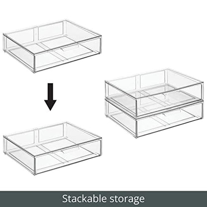 mDesign Wide Plastic Stackable Bathroom Storage Organizer Bin with Pull Out Drawer for Cabinet, Vanity, Shelf, Cupboard, Cabinet, Countertop, Closet Organization - Lumiere Collection - 2 Pack - Clear - size: 12 x 16 x 4 (Pack of 2)
