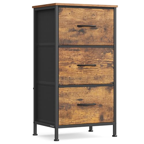 SONGMICS BELLAH Collection - Dresser for Bedroom, Chest of Drawers, Storage Organizer Unit, Closet, Entryway, Steel, 3 Drawers, Industrial, Rustic Brown and Ink Black ULGS313B02S - color: Rustic Brown + Ink Black, size: 11.8"D x 15.6"W x 29"H (3 Drawers)