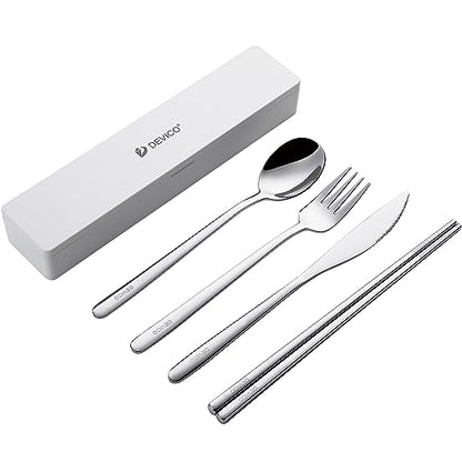 DEVICO Travel Utensils with Case, Portable Silverware Set for Work, 5Pcs 18/8 Stainless Steel Reusable Cutlery with Silicone Slots, Korean Chopsticks Fork and Spoon Set for Lunch, Camping, School