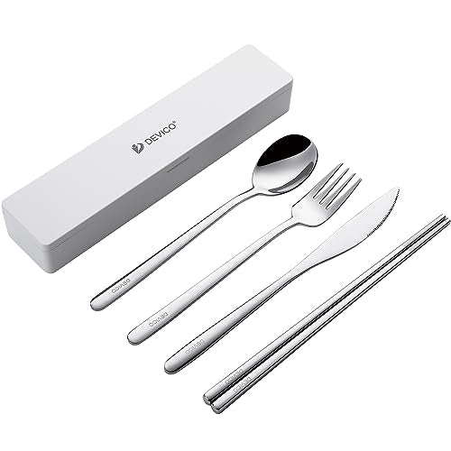 DEVICO Travel Utensils with Case, Portable Silverware Set for Work, 5Pcs 18/8 Stainless Steel Reusable Cutlery with Silicone Slots, Korean Chopsticks Fork and Spoon Set for Lunch, Camping, School
