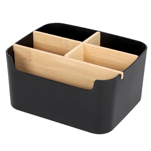 Segarty Black Desktop Organizer, Detachable Bamboo Remote Control Holder, Desk Storage Box Pencil Pen Holder Caddy for Office Home Bedside Nightstand Organization - color: Black