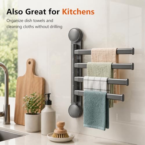 Swivel Towel Rack, 4-Arm Suction Cup Towel Holder, Thicken Aluminum Swing Out Towel Bar, Rustproof Space Saving Towel Hanger for Bathroom and Kitchen (Gun Grey)