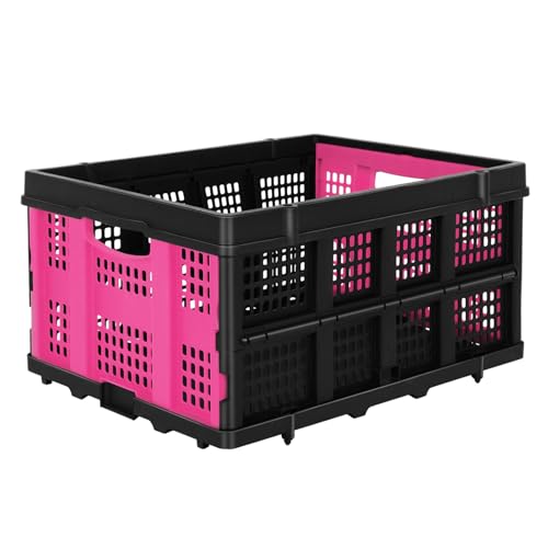FAHKNS 60L Collapsible Milk Crates for Storage: Stackable & Portable Basket Foldable Plastic Crates for Office, Home, Garage - color: PINK