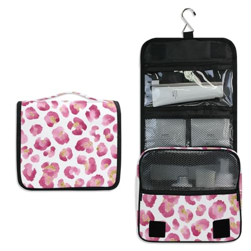 Pink Leopard Hanging Toiletry Makeup Bag Cheetah Print Toiletries Cosmetics Organizers Bags for Women Travel - color: Pink Leopard