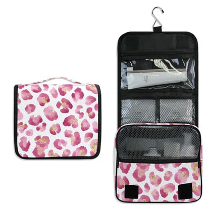 Pink Leopard Hanging Toiletry Makeup Bag Cheetah Print Toiletries Cosmetics Organizers Bags for Women Travel - color: Pink Leopard