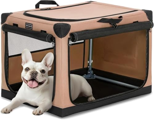 PETSFIT 26" Soft Portable Dog Crate – Patented Spiral Sturdy Frame, Collapsible Travel Kennel for Small Dogs, 3 Mesh Door, Lockable Zippers, Indoor & Car Use Khaki - color: Khaki, size: 26.0"L x 19.0"W x 18.0"H