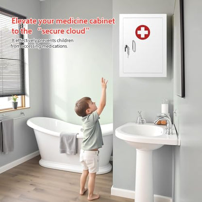 Locking Medicine Cabinet Wall-Mount: Storage Cabinet with Lock & Key - White Metal First Aid Kits for Family Safety and Childproofing - color: Matte White