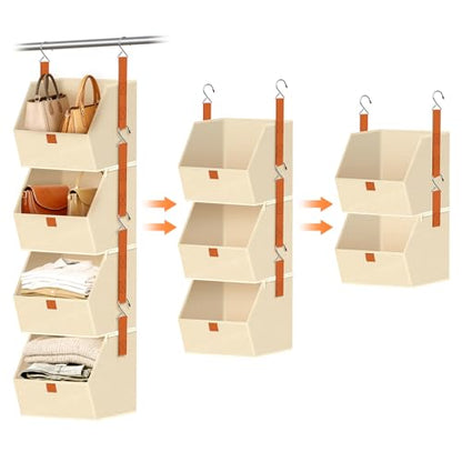 MSJGA 4-Tier Hanging Closet Organizer and Storage with Detachable Bins, Fabric Hanging Shelves for Closet, Dorm, Rv, Space-Saving Collapsible Basket for Handbags, Clothes (47” H)