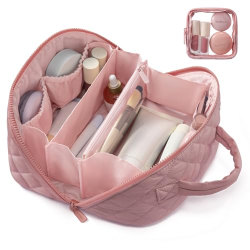 LOVEVOOK Travel Makeup Bag for Women, 2Pcs Puffer Waterproof Cosmetic Organizer, Large Capacity Pouch Open Flat Small Toiletry Bag with Brush Compartment & Handle (Red Bean Paste, Medium) - color: Red Bean Paste, size: Medium