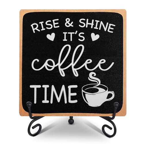 YUXIANLB Coffee Bar Sign Decor 4"X 4" Rise & Shine It's Coffee Time Wooden Plaque for Home Kitchen Bar Tabletop Rustic Farmhouse Wood Cafe Signs with Stand for Cafe Corner Shelf Table Decorations