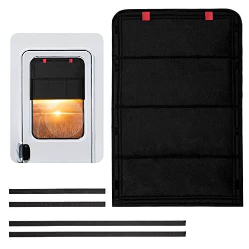 funomo RV Door Window Shade, Foldable Hook and Loop Fastener RV Blackout Window Cover, UV Rays Protection Camper Trailer Door Window Cover, Waterproof Thickened Oxford Fabric (Black-R) - color: Black-Red Label+Hook&Loop, size: 25"L x 16"W
