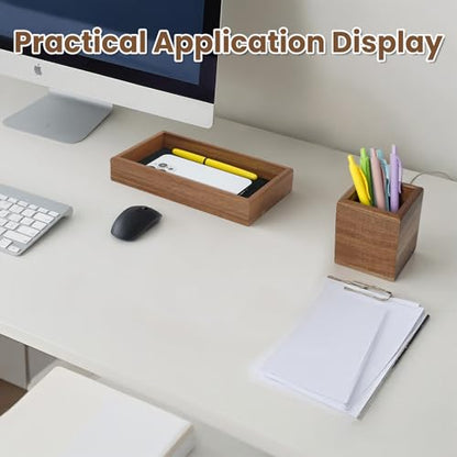 Wooden Pencil Holder with Desk Drawer Organizer Tray, Silicone Anti-Slip Pen Holder Set Aesthetic Desk Accessories for Office Home Supplies
