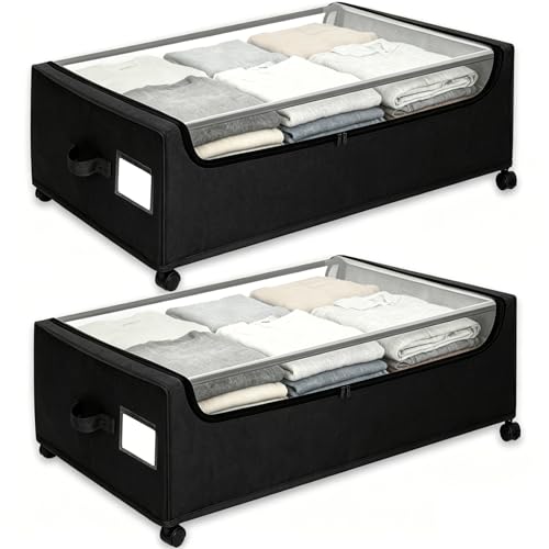 Under Bed Storage with Wheels, 2-Pack Under the Bed Storage Containers with Clear Lids & Label, Underbed Storage Bins, XXXL 85L 11 inches Rolling Metal Drawer for Clothes, Shoes, Toys, Books - Black - color: Black-2Pack, size: 11 inch-height
