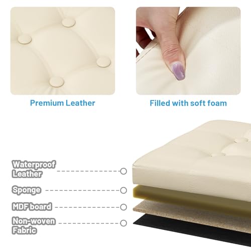 Bsketa Storage Ottoman Foot Rest Stool, Small Leather Storage Ottomans Bench, Folding Footstool with Side Pockets, Foot Rest Under Desk for Living Room Bedroom, 17x13x13 in, Beige - color: Beige-with Side Pockets..