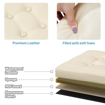 Bsketa Storage Ottoman Foot Rest Stool, Small Leather Storage Ottomans Bench, Folding Footstool with Side Pockets, Foot Rest Under Desk for Living Room Bedroom, 17x13x13 in, Beige - color: Beige-with Side Pockets..